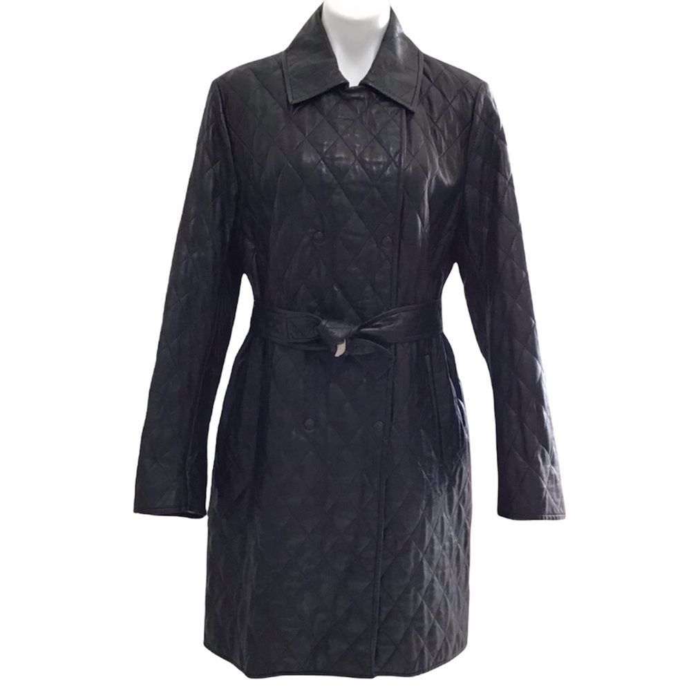 BURBERRY Women Black Leather Belted Trench Coat Quilted Double Breasted Sz 14